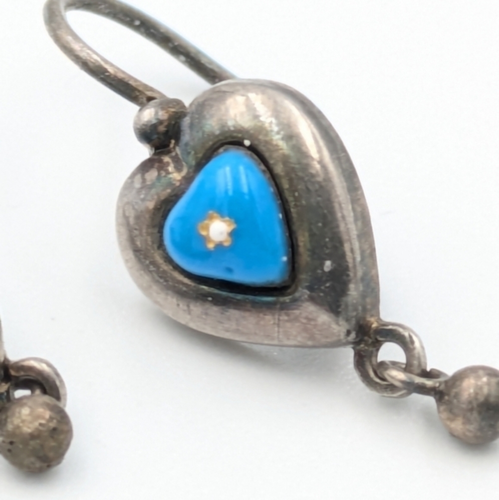 Antique 1815-1848 Biedermeier 800 silver blue heart drop earrings - Picture 7 of 7